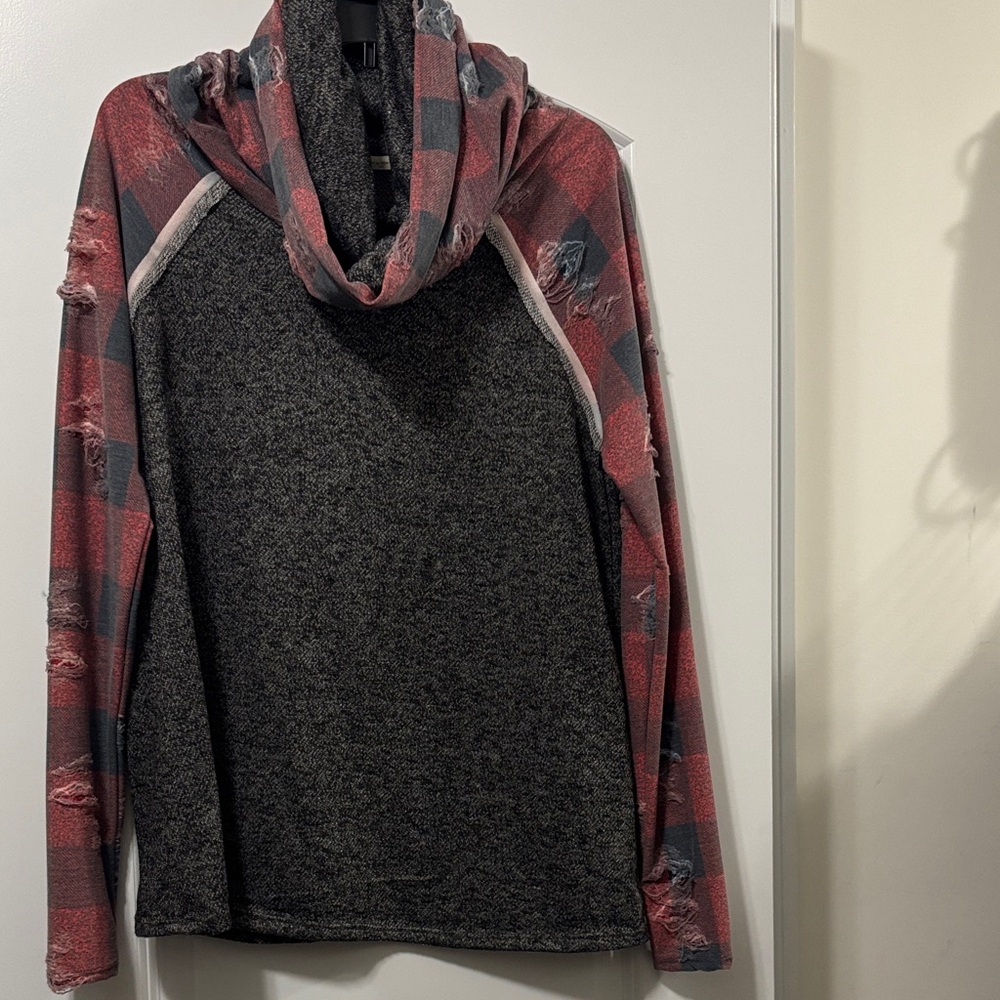Distressed cowl neck sweater